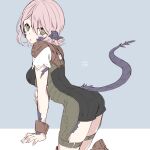  1girl ass au_ra avatar_(ff14) bodysuit breasts final_fantasy final_fantasy_xii final_fantasy_xiv lili_mdoki looking_at_viewer penelo pink_hair scales short_hair simple_background solo tail yellow_eyes 