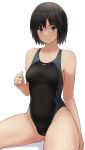  1girl amagami bangs black_eyes black_hair black_one-piece_swimsuit blue_one-piece_swimsuit breasts closed_mouth commentary competition_swimsuit curled_fingers groin highleg highres light_blush looking_at_viewer medium_breasts nanasaki_ai one-piece_swimsuit revision shadow short_hair simple_background sitting smile solo swimsuit two-tone_swimsuit white_background yoo_tenchi 