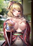 1girl ;p animal_print bangs bare_shoulders bear_print blonde_hair blurry blurry_background breasts cleavage collarbone commentary cowboy_shot dot_nose floral_print food hair_ornament hand_on_own_chest highres holding holding_spoon ice_cream ice_cream_cup japanese_clothes kimono large_breasts looking_at_viewer medium_hair navel nipples off_shoulder one_eye_closed original panda_print pinkmarine red_eyes red_kimono shadow side_ponytail signature sitting solo spoon sweat symbol-only_commentary tongue tongue_out topless 