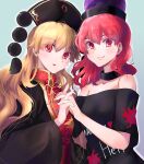  2girls bangs bare_shoulders black_dress blonde_hair blue_background blush breasts clothes_writing dress gold_trim hair_between_eyes hecatia_lapislazuli highres holding_hands interlocked_fingers junko_(touhou) long_hair looking_at_viewer medium_breasts multiple_girls neold off-shoulder_shirt off_shoulder outer_glow outline parted_lips phoenix_crown polos_crown red_eyes red_hair ribbon shirt smile t-shirt tabard tassel touhou upper_body white_outline wide_sleeves yellow_ribbon 