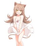  1girl absurdres ahoge animal_ears bangs blush breasts brown_hair cleavage commentary_request dress dress_tug felutiahime hair_between_eyes highres indie_virtual_youtuber lion_ears lion_girl lion_tail long_hair looking_at_viewer open_mouth rurudo_lion sidelocks simple_background small_breasts solo sundress sweatdrop tail virtual_youtuber white_background white_dress yellow_eyes 