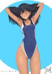  1girl black_hair blue_background blue_one-piece_swimsuit breasts brown_eyes competition_swimsuit dark-skinned_female dark_skin english_commentary grin hair_ornament hairclip highleg highleg_swimsuit highres ijiranaide_nagatoro-san long_hair looking_at_viewer nagatoro_hayase one-piece_swimsuit one_eye_closed small_breasts smile solo swimsuit syyn_(syyndev) tan tanlines 