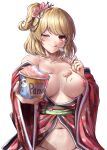  1girl ;p animal_print bangs bare_shoulders bear_print blonde_hair blurry blurry_background breasts cleavage collarbone commentary cowboy_shot dot_nose floral_print food hair_ornament hand_on_own_chest highres holding holding_spoon ice_cream ice_cream_cup japanese_clothes kimono large_breasts looking_at_viewer medium_hair navel nipples off_shoulder one_eye_closed original panda_print pinkmarine red_eyes red_kimono shadow side_ponytail simple_background sitting solo spoon sweat symbol-only_commentary tongue tongue_out topless white_background 