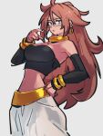  1girl :o android_21 black_sleeves blue_eyes bracelet breasts cleavage detached_sleeves dragon_ball dragon_ball_fighterz earrings glasses grey_background hair_between_eyes hoop_earrings jewelry kemachiku long_hair looking_at_viewer majin_android_21 medium_breasts midriff red_hair simple_background solo 