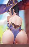  1girl ass back black_hair blue_leotard blush breasts censored clothing_aside earrings from_behind genshin_impact green_eyes hat highres jewelry large_breasts leaning_forward leotard leotard_aside long_hair looking_back mona_(genshin_impact) mosaic_censoring parted_lips purple_headwear pussy senba_(592683801) sideboob sitting solo sweatdrop twintails witch_hat 