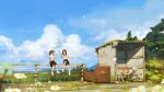  2girls absurdres black_hair black_skirt blue_sky bottle bus_stop chair chinese_commentary cloud commentary_request couch day highres hua_ming_wink long_hair multiple_girls original outdoors pointy_ears ponytail railing rust scenery school_uniform shirt sitting skirt sky water_bottle white_shirt 