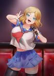  1girl absurdres arm_up blonde_hair blue_eyes blue_skirt ct-08 highres karaoke navel neckerchief original red_neckerchief school_uniform shirt skirt uniform white_shirt 