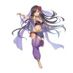  1girl :d bangle bangs bare_shoulders barefoot_sandals black_hair bracelet breasts brown_eyes cleavage commentary_request dancer flower hair_flower hair_ornament harem_outfit heijialan hip_vent jewelry long_hair looking_at_viewer medium_breasts navel original pants purple_pants red_flower see-through simple_background smile solo standing standing_on_one_leg very_long_hair white_background 