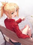  1girl animal bangs bench blonde_hair boots braid butt_crack cat crossed_legs fate/apocrypha fate_(series) green_eyes hair_ornament hair_scrunchie highres holding jacket knee_boots long_hair looking_back lower_teeth mordred_(fate) mordred_(fate/apocrypha) open_mouth outdoors red_jacket red_scrunchie scrunchie shiny shiny_hair shorts sitting solo teeth tesin_(7aehyun) 