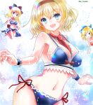  1girl alice_margatroid bare_arms bare_legs bare_shoulders between_breasts bikini blonde_hair blue_bikini blue_eyes blush breasts cleavage cowboy_shot doll hair_between_eyes hairband hajike_akira highres large_breasts navel one-hour_drawing_challenge open_mouth red_hairband shanghai_doll short_hair smile solo swimsuit touhou 