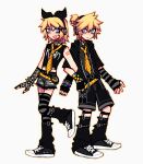  1boy 1girl arm_warmers bangs blonde_hair blue_eyes blush bracelet brother_and_sister chain clothes_writing collar english_commentary english_text fishnet_gloves fishnets gloves headband headphones highres jacket jewelry kagamine_len kagamine_rin keropluvia korn_(band) leg_warmers midriff nail_polish necktie open_mouth ponytail shirt shoes short_ponytail shorts siblings smile sneakers spiked_bracelet spiked_collar spikes striped t-shirt tattoo thighhighs torn_clothes torn_legwear torn_shorts transgender_flag twins vocaloid white_background yellow_necktie 