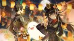  1boy 1girl architecture arm_behind_back bangs bead_bracelet beads black_gloves black_hair black_headwear blurry blurry_foreground blush boo_tao_(genshin_impact) bracelet breasts brooch brown_hair bug butterfly chinese_clothes chinese_commentary chinese_text coat collared_coat collared_shirt colored_tips cup dekidd17219 drooling east_asian_architecture faceless faceless_male flower flower-shaped_pupils formal full_moon genshin_impact ghost gloves glowing gradient_hair guoba_(genshin_impact) hair_between_eyes hair_tie hand_up hands_up hat hat_flower hat_ornament highres holding holding_cup hu_tao_(genshin_impact) jacket jewelry lantern long_hair long_sleeves looking_at_viewer medium_breasts moon mooncake multicolored_hair multiple_rings night outdoors paper_lantern plate plum_blossoms ponytail porkpie_hat red_eyes red_shirt ring shirt signature sky smile star-shaped_pupils star_(sky) star_(symbol) steam suit symbol-shaped_pupils tea teacup thumb_ring tree twintails upper_body very_long_hair vision_(genshin_impact) window zhongli_(genshin_impact) 