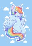  1girl artist_name bangs blush cloud english_commentary furry furry_female highres long_hair multicolored_hair my_little_pony my_little_pony:_friendship_is_magic one_eye_closed open_mouth outline pegasus pink_eyes pony qamar rainbow_dash rainbow_hair solo tail watermark wings yawning 