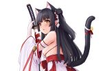  1girl allenes animal_ear_fluff animal_ears azur_lane bangs bell black_hair blunt_bangs breasts cat_ears cat_tail detached_sleeves highres holding holding_sword holding_weapon japanese_clothes katana long_hair sideboob sword tail tail_bell tail_ornament tail_through_clothes two_side_up upper_body weapon white_background yuugure_(azur_lane) 