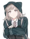  1girl animal_ears bangs black_thighhighs closed_mouth collared_shirt danganronpa_(series) danganronpa_2:_goodbye_despair fake_animal_ears flipped_hair green_jacket grey_background hair_ornament highres hood hood_up hooded_jacket jacket knees_up long_sleeves medium_hair nanami_chiaki neck_ribbon open_clothes open_jacket pink_ribbon ribbon shirt simple_background sketch solo thighhighs vo1ez white_shirt 