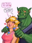  &lt;3 2022 blonde_hair blush breasts cleavage clothed clothing crown dialogue duo ear_piercing ear_ring english_text eyes_closed female green_body green_skin hair hi_res human humanoid humanoid_pointy_ears male mammal mario_bros massage niloc_drewney nintendo open_mouth open_smile orc orc_massage piercing princess_peach ring_piercing simple_background smile text video_games 