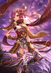  1girl armor arrow_(projectile) backlighting bangs bow_(weapon) breasts brown_gloves cleavage closed_mouth evening floating_hair flower gloves hair_flower hair_ornament hair_ribbon highres holding holding_arrow holding_bow_(weapon) holding_weapon kudo_kunugi long_hair medium_breasts original outdoors pink_hair purple_sky red_eyes red_flower red_ribbon red_scarf ribbon scarf shiny shiny_hair short_shorts shorts shoulder_armor side_ponytail sky smile solo star_(sky) starry_sky thighhighs weapon white_shorts white_thighhighs 