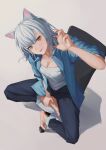  1girl absurdres animal_ear_fluff animal_ears bangs black_hanekawa blue_pants blue_shirt breasts cat_ears cat_girl cleavage collared_shirt fang grey_hair hanekawa_tsubasa highres looking_at_viewer medium_breasts monogatari_(series) nekomonogatari nemo_ringo on_chair open_clothes open_mouth open_shirt pants shirt short_hair simple_background sitting slit_pupils solo white_shirt yellow_eyes 