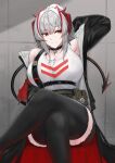  1girl absurdres ahoge alternate_breast_size antennae arknights arm_up black_choker black_jacket black_shorts black_thighhighs breasts choker cleavage crossed_legs demon_horns feet_out_of_frame grey_background grey_hair hair_between_eyes hair_bun highres horns jacket kanta_(kanta_077) large_breasts official_alternate_costume open_clothes open_jacket parted_lips red_eyes revision shorts sidelocks single_hair_bun sitting solo tank_top thighhighs w_(arknights) white_tank_top 