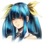  1girl bangs blue_hair bow closed_mouth collarbone detached_collar dizzy_(guilty_gear) guilty_gear hair_between_eyes hair_bow orange_eyes portrait simple_background solo sushi_(sashimise) twintails white_background yellow_bow 