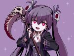  1girl :d black_choker breasts choker cleavage hair_ornament hands_up highres holding holding_scythe holding_weapon jewelry long_hair long_sleeves looking_at_viewer memento_(sennen_sensou_aigis) necklace pi_(pnipippi) pink_eyes purple_background purple_hair scythe sennen_sensou_aigis skull_hair_ornament small_breasts smile solo twintails very_long_hair weapon 