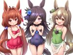  3girls aged_down animal_ears antenna_hair arms_behind_back blush breasts brown_eyes brown_hair chestnut_mouth commentary_request covered_navel crossed_arms daiwa_scarlet_(umamusume) flower hair_bobbles hair_flower hair_intakes hair_ornament hair_over_one_eye heart heart-shaped_pupils horse_ears horse_girl horse_tail long_hair looking_at_viewer low_twintails multicolored_hair multiple_girls musouzuki one-piece_swimsuit open_mouth purple_eyes red_eyes rice_shower_(umamusume) sarong satono_diamond_(umamusume) simple_background small_breasts steepled_fingers swimsuit symbol-shaped_pupils tail twintails two-tone_hair umamusume very_long_hair white_background 