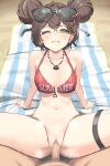  1boy 1girl bangs bikini bikini_top_only blush breasts brown_hair censored clenched_teeth commission crossed_bangs double_bun eyewear_on_head girls&#039;_frontline green_eyes hair_between_eyes hair_bun hair_ornament hetero highres jewelry medium_breasts mosaic_censoring motion_lines necklace one_eye_closed penis pov qsb-91_(girls&#039;_frontline) red_bikini saliva sex short_hair sitting star_(symbol) star_hair_ornament sunglasses swimsuit teeth twin_(tt_lsh) vaginal wince 