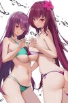  2girls :q bikini breasts fate/grand_order fate_(series) flower green_bikini hair_flower hair_ornament highres large_breasts long_hair looking_at_viewer multiple_girls nolmo purple_hair red_bikini red_eyes scathach_(fate) scathach_skadi_(fate) simple_background smile swimsuit tongue tongue_out white_background 