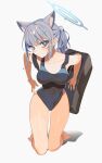  1girl absurdres animal_ear_fluff animal_ears bag bangs barefoot black_one-piece_swimsuit blue_archive blue_eyes breasts competition_swimsuit covered_navel cross_hair_ornament extra_ears grey_hair hair_ornament halo hamita_(rikopin_ika) highres kneeling leaning_forward looking_at_viewer low_ponytail medium_breasts medium_hair mismatched_pupils multicolored_clothes multicolored_swimsuit one-piece_swimsuit shiroko_(blue_archive) shiroko_(swimsuit)_(blue_archive) simple_background solo swimsuit white_background 