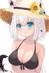  1girl absurdres animal_ear_fluff animal_ears bangs bikini black_bikini blush braid breasts cleavage commentary_request ears_through_headwear fox_ears fox_girl fox_tail green_eyes hair_between_eyes hat highres hiyasi_tomato hololive long_hair looking_at_viewer medium_breasts pentagram shirakami_fubuki sidelocks simple_background single_braid smile solo straw_hat swimsuit tail virtual_youtuber white_background white_hair 