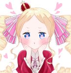  1girl beatrice_(re:zero) blonde_hair blue_eyes blush crown drill_hair hair_ornament hair_ribbon heart highres long_hair portrait re:zero_kara_hajimeru_isekai_seikatsu ribbon sidelocks simple_background solo symbol-shaped_pupils twin_drills watano_yuki white_background 