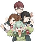  2boys 2girls :d armband bangs black_eyes black_hair blunt_bangs blush braid bright_pupils brown_eyes brown_hair cropped_torso double_v glasses green_hair green_jacket highres jacket long_sleeves muchi_maro multiple_boys multiple_girls otoko_no_ko otori-tan pleated_skirt pose red_armband red_eyes sailor_collar school_uniform seitokai_nimo_anawa_aru! semi-rimless_eyewear simple_background single_braid skirt smile twintails upper_body v v_over_eye white_background white_pupils yellow_eyes 