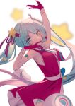  1girl absurdres arm_up blue_hair blurry blurry_background commentary depth_of_field dress english_commentary gloves green_hair hatsune_miku highres long_hair looking_at_viewer magical_mirai_(vocaloid) magical_mirai_miku magical_mirai_miku_(2022) mo_(pixiv9929995) panties purple_dress purple_gloves simple_background sleeveless sleeveless_dress solo star_(symbol) striped striped_panties twintails underwear very_long_hair vocaloid white_background 