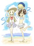  2girls alternate_hairstyle ball barefoot beachball bikini blonde_hair brown_hair english_text frilled_swimsuit frills hat highres lillie_(pokemon) miu_(miuuu_721) multiple_girls navel no_headwear pokemon pokemon_(game) pokemon_sm selene_(pokemon) summer sun_hat swimsuit wailmer 