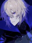  1boy bangs black_background blonde_hair blood blood_on_face blue_blood blue_eyes dainsleif_(genshin_impact) genshin_impact hair_between_eyes high_collar highres male_focus no_mask portrait shuukenyuu signature simple_background solo upper_body 