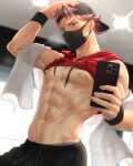 1boy abs arm_tattoo backwards_hat bandaid bandaids_on_nipples bara bare_pectorals baseball_cap black_shorts blue_eyes brown_hair covered_nipples hand_on_own_head hat highres holding holding_phone hood hood_down hoodie hoodie_lift large_pectorals male_focus mask mondi_hl mouth_mask muscular muscular_male navel original pasties pectorals phone red_hoodie short_hair shorts sleeveless sleeveless_hoodie solo tattoo towel towel_on_arm twitter_username wristband 