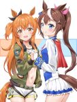  2girls :d animal_ears ascot bangs black_ribbon blue_eyes blue_jacket blue_skirt blush bomber_jacket bow breasts brown_hair buttons cape collarbone commentary_request cowboy_shot crop_top dog_tags double-breasted dusu_(htkj) ear_ribbon epaulettes gloves green_belt green_jacket grin groin hair_between_eyes hair_bow hair_flaps high_ponytail highres horse_ears horse_girl horse_tail interlocked_fingers jacket long_hair long_sleeves looking_at_viewer mayano_top_gun_(umamusume) midriff miniskirt multicolored_clothes multicolored_hair multicolored_jacket multiple_girls navel open_clothes open_jacket open_mouth orange_eyes orange_hair partial_commentary pink_ascot pink_bow pleated_skirt ponytail red_cape ribbon shirt short_shorts shorts sidelocks sideways_mouth single_epaulette skirt small_breasts smile standing streaked_hair tail teeth tokai_teio_(umamusume) two-tone_hair two-tone_jacket two-tone_skirt two_side_up umamusume white_background white_gloves white_hair white_jacket white_shorts white_skirt 