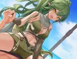  1boy 1girl :d absurdres arknights bare_shoulders belt bikini black_gloves blue_sky breasts cleavage cowgirl_position crocodilian_tail day elbow_gloves fingerless_gloves gavial_(arknights) girl_on_top gloves green_bikini green_hair green_shorts hetero highres jewelry large_breasts long_hair looking_at_viewer navel necklace ok_sign open_mouth oripathy_lesion_(arknights) outdoors pointy_ears short_shorts shorts shoulder_tattoo sktre12 sky smile solo_focus spread_legs stomach straddling swimsuit tail tattoo v-shaped_eyebrows very_long_hair yellow_eyes 
