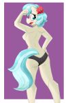  2022 5_fingers accessory anthro anthrofied black_clothing black_panties black_underwear blue_eyes blue_hair blue_tail blush bottomwear breasts butt clothed clothing coco_pommel_(mlp) digital_media_(artwork) earth_pony equid equine eyelashes female fingers flower flower_in_hair flutterthrash friendship_is_magic hair hair_accessory hasbro hi_res horse humanoid_hands looking_back mammal my_little_pony panties plant pony solo tan_body topless underwear 