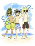  3boys alternate_costume barefoot black_hair blonde_hair blue_shorts elio_(pokemon) english_text floral_print gladion_(pokemon) green_hair hau_(pokemon) highres hood hooded_jacket innertube jacket male_swimwear miu_(miuuu_721) multiple_boys navel pokemon pokemon_(game) pokemon_sm shorts smile summer sunglasses swim_trunks swimsuit white_shorts yellow_shorts 