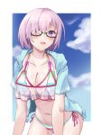  1girl bangs bare_shoulders bikini black-framed_eyewear blue_jacket blue_sky blush breasts cleavage cloud collarbone commentary_request cowboy_shot day dusu_(htkj) fate/grand_order fate_(series) glasses groin hair_between_eyes hair_over_one_eye highres hood hood_down hooded_jacket jacket large_breasts leaning_forward looking_at_viewer mash_kyrielight mash_kyrielight_(swimsuit_of_perpetual_summer_ver.02) multicolored_bikini multicolored_clothes navel official_alternate_costume open_clothes open_jacket open_mouth partial_commentary purple_eyes purple_hair rainbow_bikini see-through short_hair short_sleeves side-tie_bikini_bottom sidelocks sky solo standing stomach striped striped_bikini swimsuit white_background 