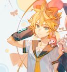  1boy 1girl aqua_eyes bass_clef black_sleeves blonde_hair bow ciloranko closed_mouth collaboration cosplay creature creature_on_shoulder crossover detached_sleeves eyebrows_hidden_by_hair hair_between_eyes hand_to_head headset highres holding_hands interlocked_fingers kagamine_len kagamine_rin light_smile looking_at_viewer male_focus microphone my_melody my_melody_(cosplay) necktie on_shoulder onegai_my_melody orange_bow sailor_collar sailor_shirt sanrio shirt short_sleeves solo_focus spiked_hair symmetry vocaloid white_background white_shirt yellow_necktie 