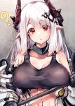  1girl ? arknights bare_shoulders black_gloves black_tank_top blush breasts choker cleavage confused gloves grey_hair hair_ornament hairclip head_tilt highres horns jacket large_breasts long_hair looking_at_viewer midriff mudrock_(arknights) navel off_shoulder open_clothes open_jacket parted_lips raised_eyebrows red_eyes solo tank_top white_jacket yuki_kawachi 