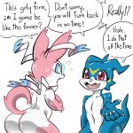  anthro bandai_namco blue_body blush butt claws digimon digimon_(species) duo eeveelution embarrassed evolution eyewear generation_6_pokemon girly glasses horn humor male monodie nintendo pokemon pokemon_(species) red_eyes sylveon veemon video_games 