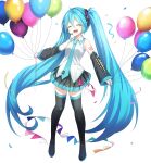  1girl :d absurdres balloon bangs black_skirt black_thighhighs blue_hair blue_necktie detached_sleeves facing_viewer full_body hatsune_miku headset highres ille_(xcpa7325) long_hair necktie number_tattoo open_mouth shirt simple_background skirt smile solo tattoo thighhighs very_long_hair vocaloid white_background white_shirt 