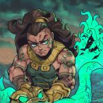 1girl arm_tattoo bangs bare_shoulders breasts brown_hair closed_mouth cloud gauntlets green_cloud green_eyes green_shirt illaoi large_breasts league_of_legends long_hair muscular muscular_female outdoors phantom_ix_row ponytail shirt sideways_glance solo tattoo upper_body water 