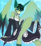  absurd_res anthro avian beak big_ears bird blue_eyes clothed clothing crossdressing enelorin feathers hair hi_res huge_filesize maid_uniform male momobeda open_mouth open_wings paws simple_background solo uniform wings 