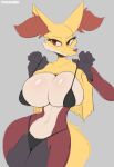  big_breasts bikini breasts clothing cooliehigh delphox female fur generation_6_pokemon grey_background hi_res huge_breasts nintendo pokemon pokemon_(species) simple_background swimwear video_games yellow_body yellow_fur 