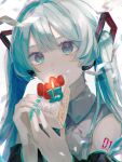  1girl anniversary aqua_eyes aqua_hair bare_shoulders blue_nails cake cake_slice candle confetti detached_sleeves eating food fruit grey_shirt hair_between_eyes hatsune_miku headphones highres holding holding_cake holding_food long_hair looking_at_viewer mochigome_23 nail_polish number_tattoo shirt solo strawberry tattoo twintails vocaloid white_background 