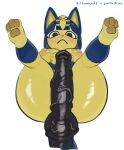  2020 accessory animal_crossing ankha_(animal_crossing) anthro anus big_anus big_dildo blue_hair blush bodily_fluids breasts butt digital_media_(artwork) dildo domestic_cat egyptian felid feline felis female fingers fur genitals hair hair_accessory hi_res knotted_dildo legs_up looking_at_viewer lube mammal markings nintendo nipples nude pawpads pororikin presenting presenting_hindquarters puffy_nipples sex_toy simple_background solo striped_markings striped_tail stripes sweat tail_markings uraeus veiny_dildo video_games white_background yellow_body 